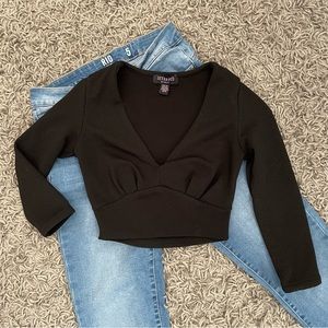 (4/$20) Black Gold Sparkle Three Quarter Sleeve Crop Top V Neck